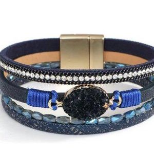 Leather Wrap Bracelet Boho Cuff Bracelets Crystal Bead Bracelet with Clasp Jewel
